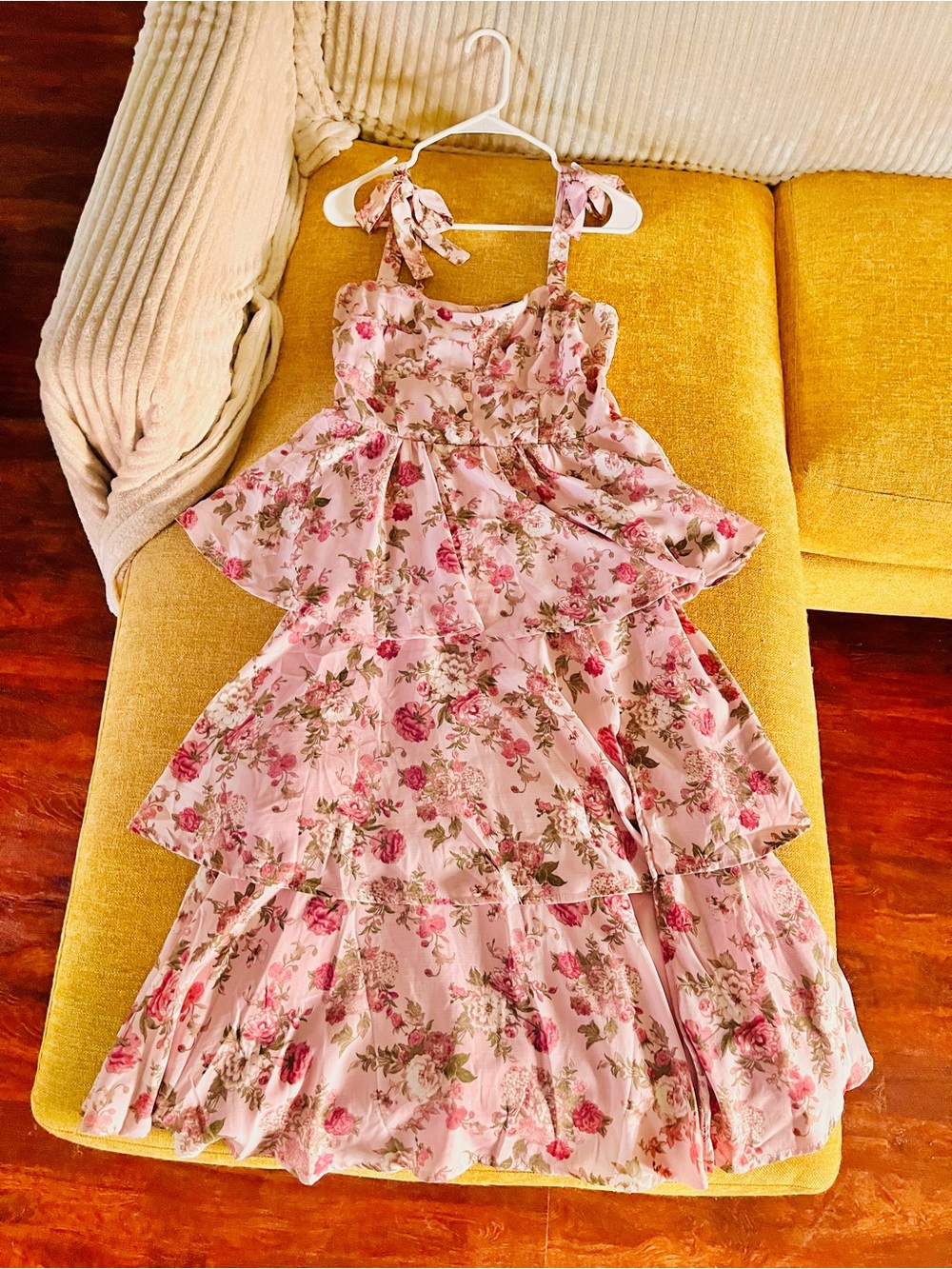 Women’s Pink Floral Tiered Sundress with Tie Straps